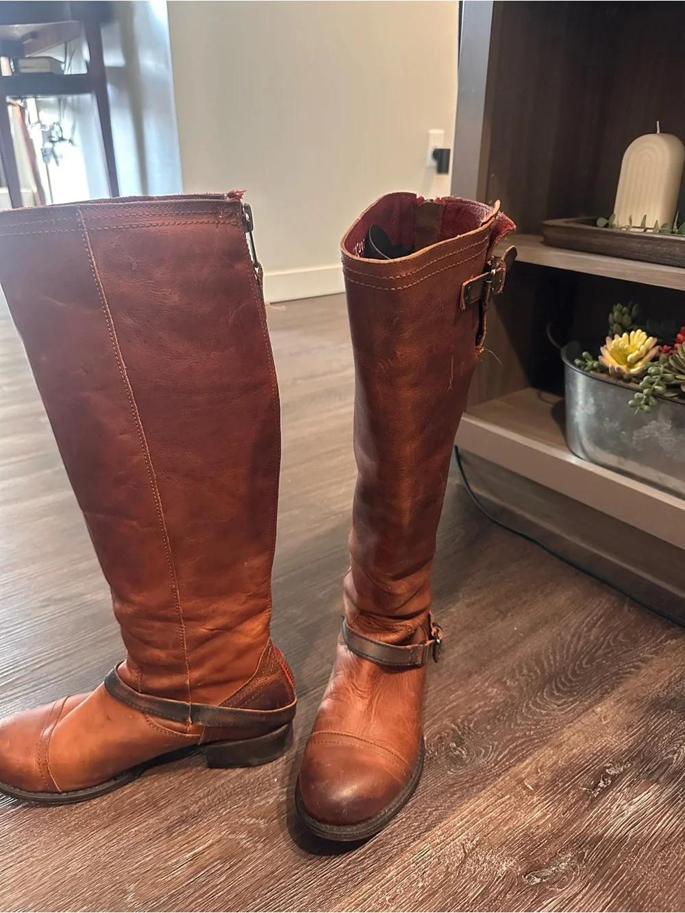 Freebird Vintage Roadie Tall Cognac Leather Boots with Red Accent Zipper Size 9